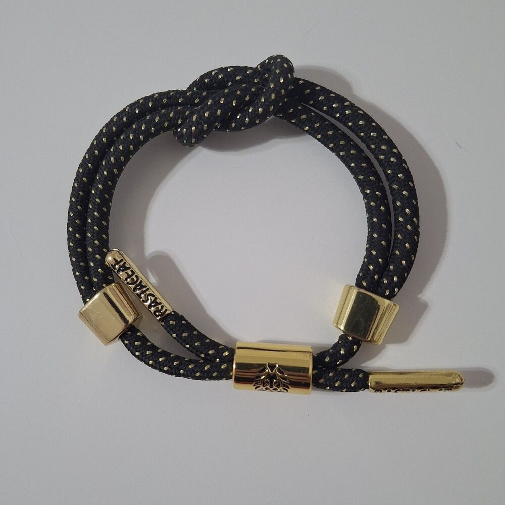 Rastaclat Gold Tone Polka Dotted Black Adjustable Fabric Cloth Bracelet